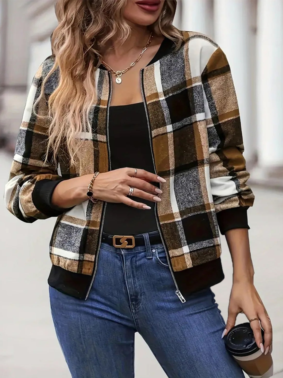 Plus Size Plaid Baseball Collar Zip Up Jacket 