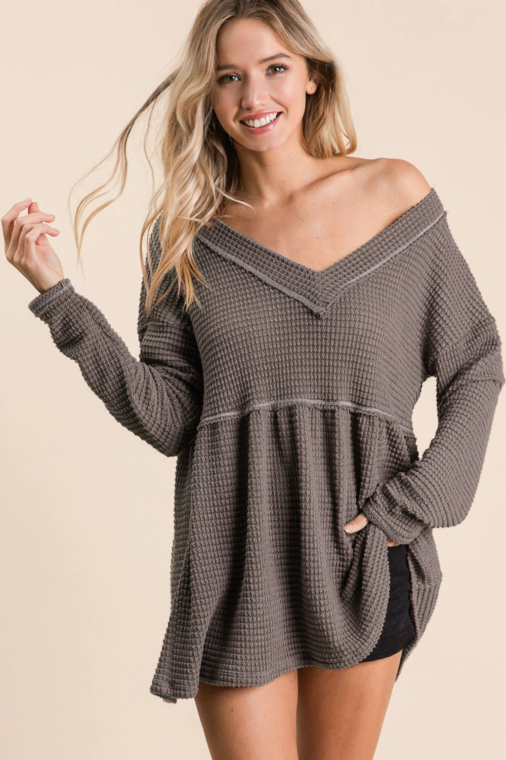 BiBi Waffle Knit V-Neck Babydoll Blouse 