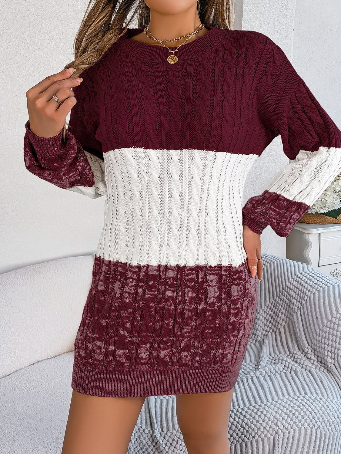 Cable-Knit Round Neck Color Block Sweater Dress 