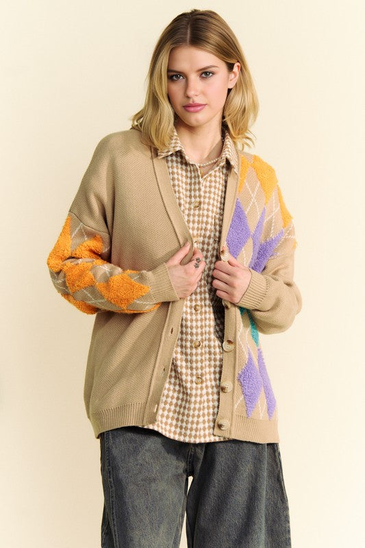 Davi & Dani Argyle V-Neck Dropped Shoulder Cardigan 