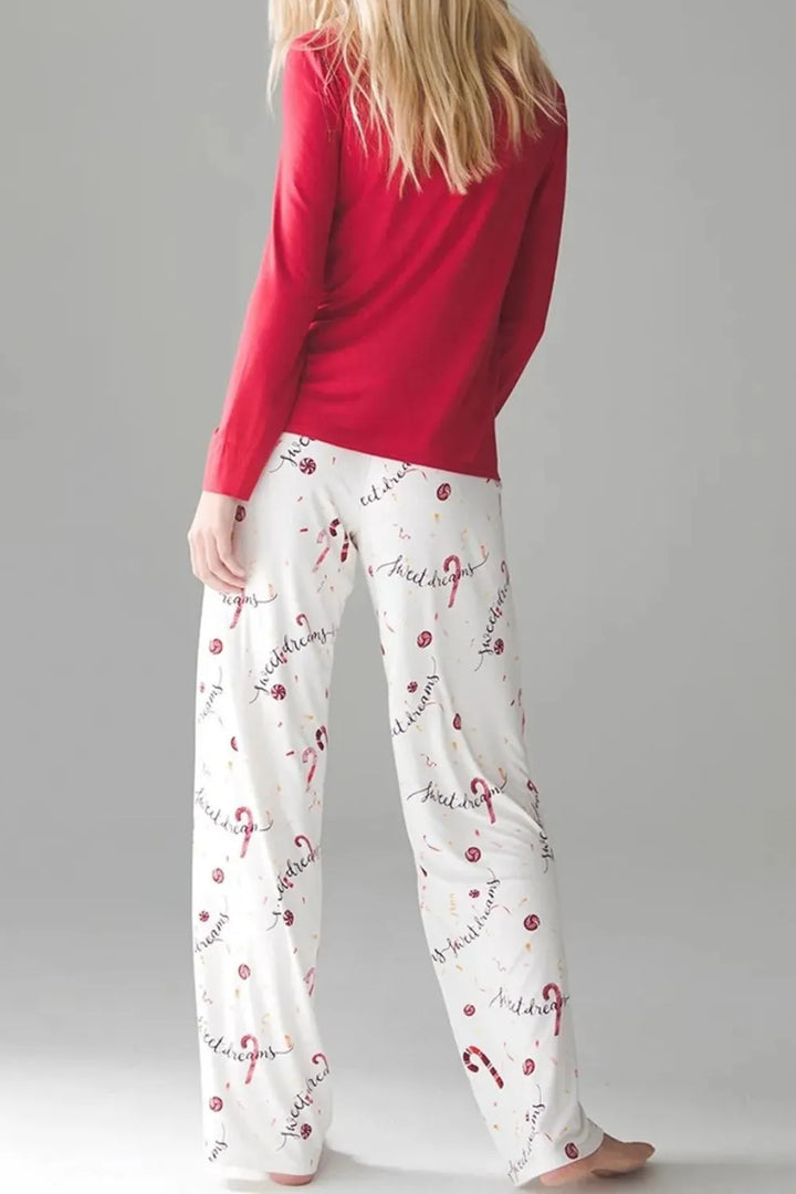 Round Neck Long Sleeve Top and Printed Pants Lounge Set Lingerie & Nightwear