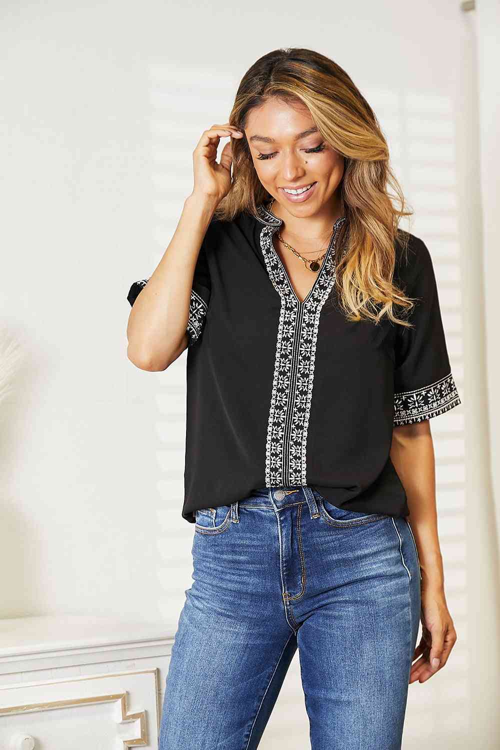 Double Take Embroidered Notched Neck Top 