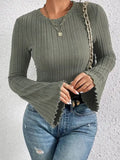 Ribbed Round Neck Flare Sleeve T-Shirt 