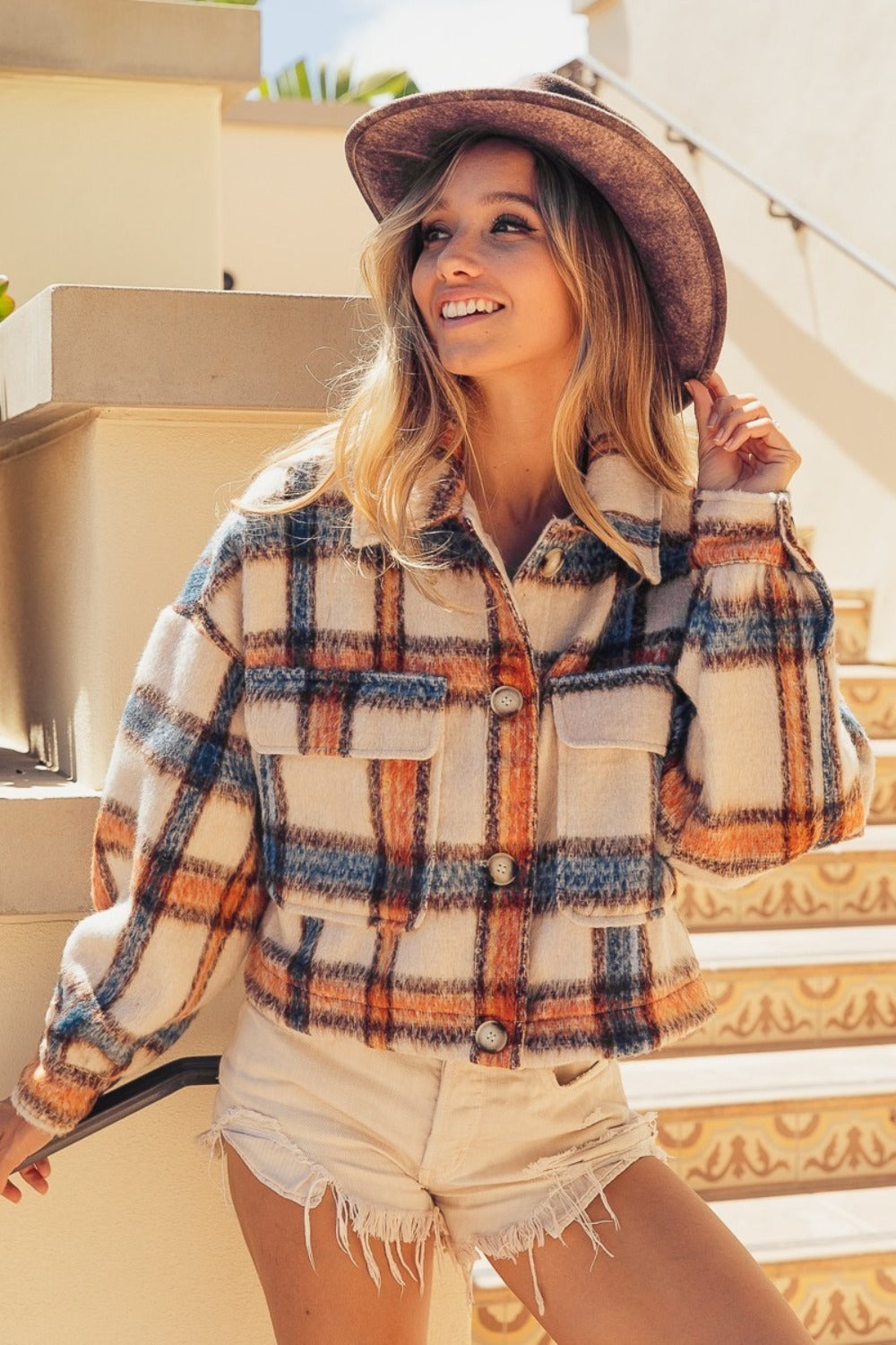 BiBi Brushed Plaid Crop Jacket with Pockets 