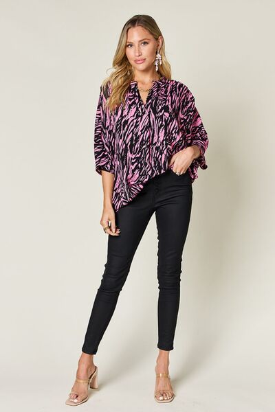 Double Take Full Size Printed Notched Three-Quarter Sleeve Blouse 
