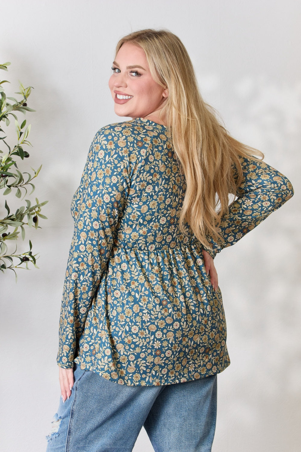 Heimish Full Size Floral Half Button Long Sleeve Blouse 