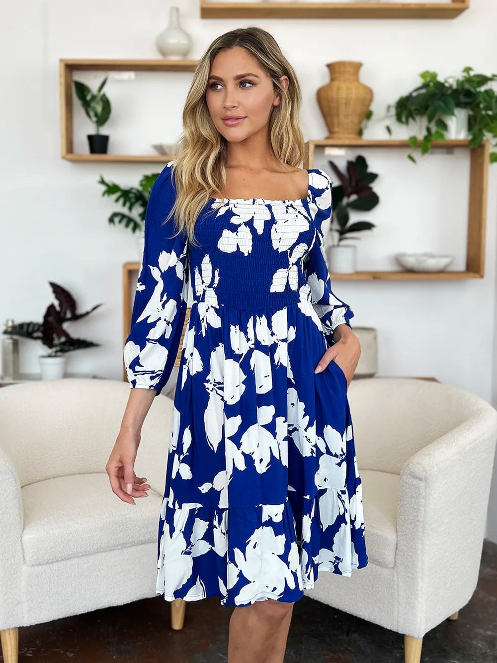 Double Take Full Size Floral Ruffle Hem Smocked Dress with Pockets 