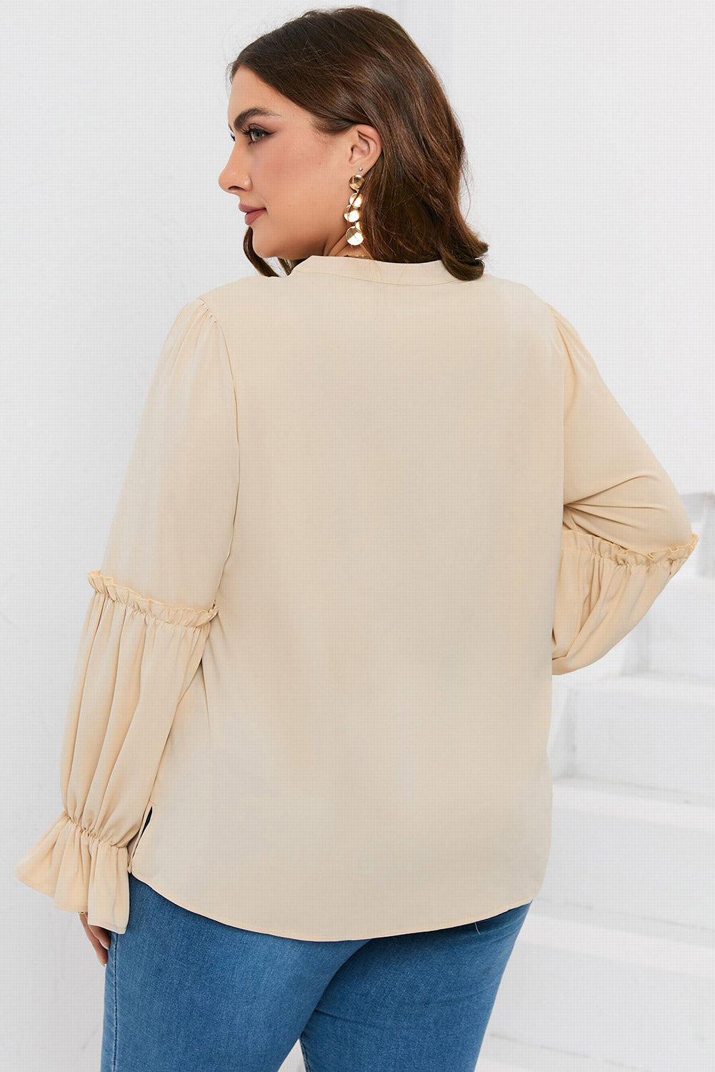 Plus Size Ruffled Tie Neck Flounce Sleeve Blouse 
