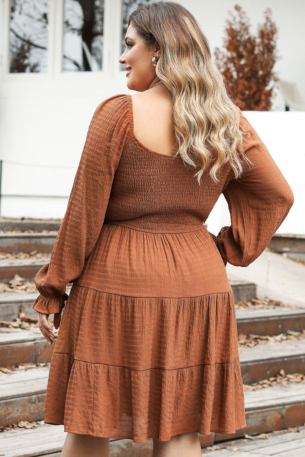 Plus Size Smocked Square Neck Tiered Dress 