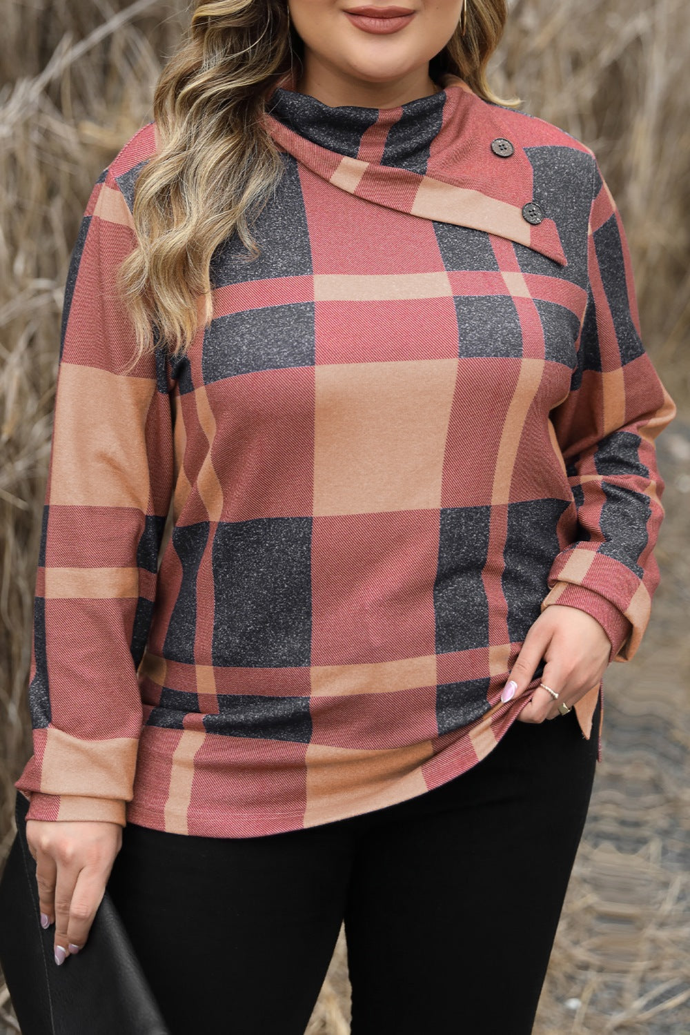 Plus Size Plaid Cowl Neck Long Sleeve Sweatshirt 