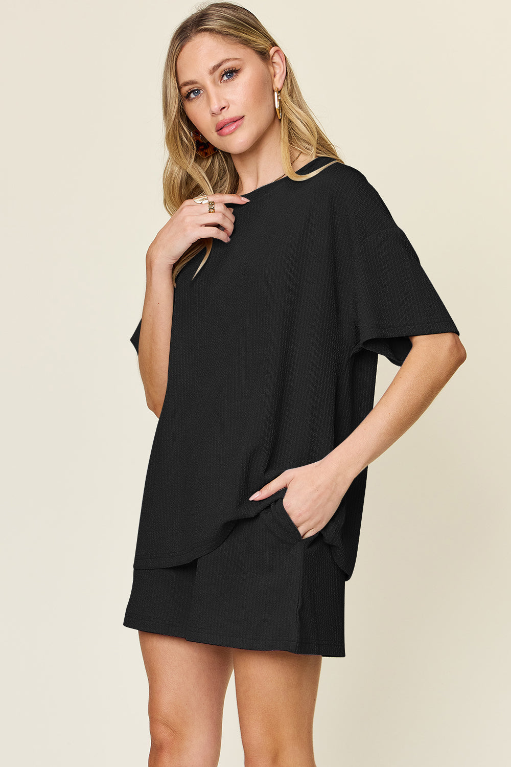 Double Take Basic style Round Neck Solid Set 