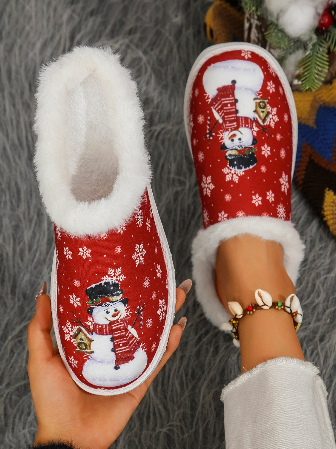 Snowman Print Flat Slippers with Faux Fur 