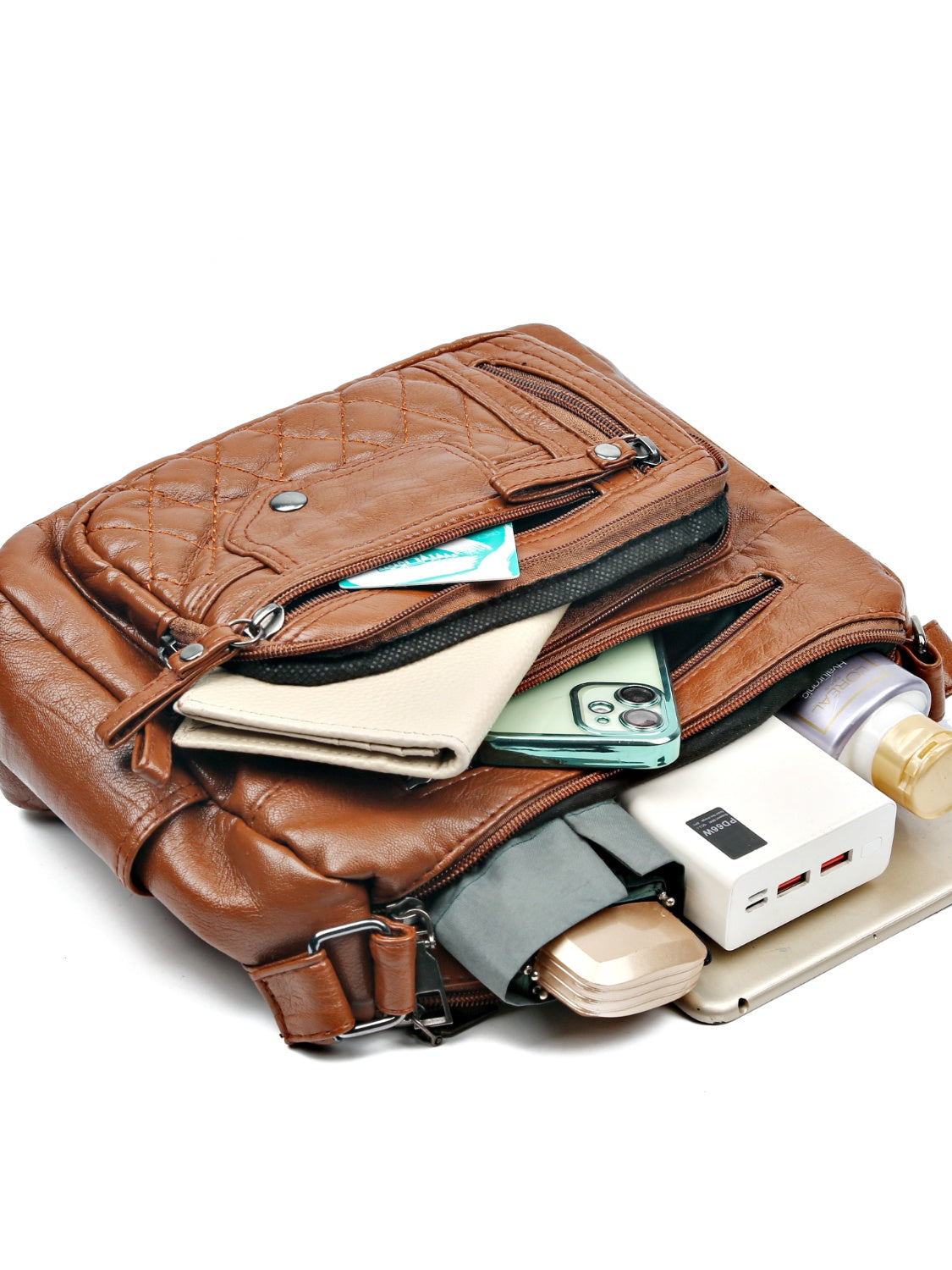 PU Leather Multi Pockets Adjustable Strap Shoulder Bag 