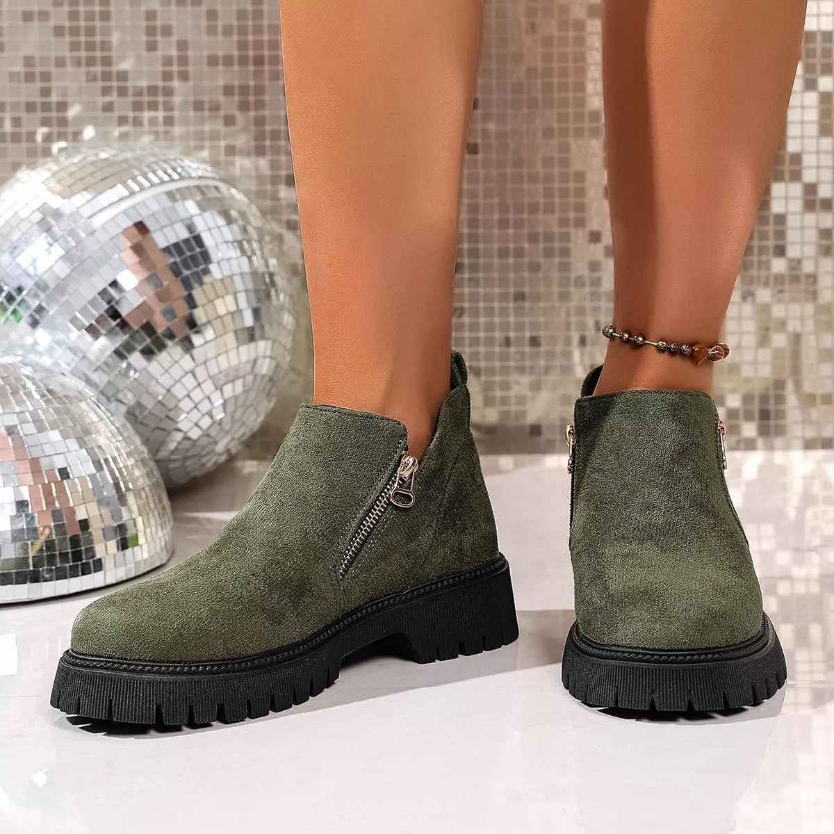 Round Toe Side Zip Ankle Boots 