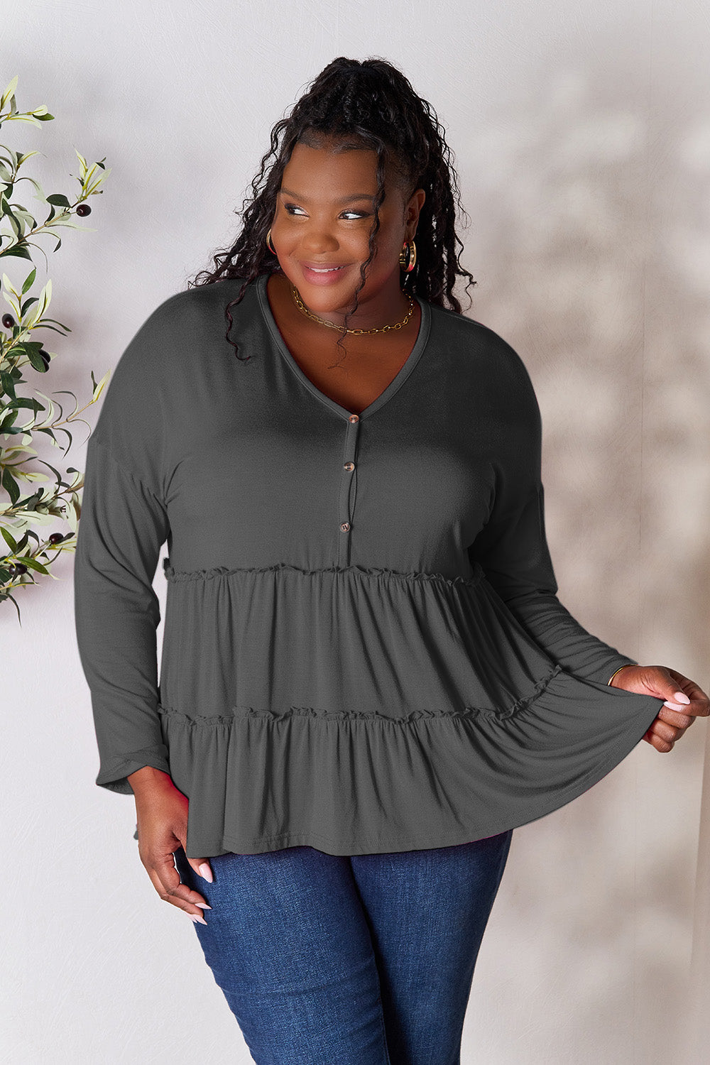 Double Take Half Button Long Sleeve Ruffle Hem Blouse 