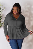 Double Take Half Button Long Sleeve Ruffle Hem Blouse 