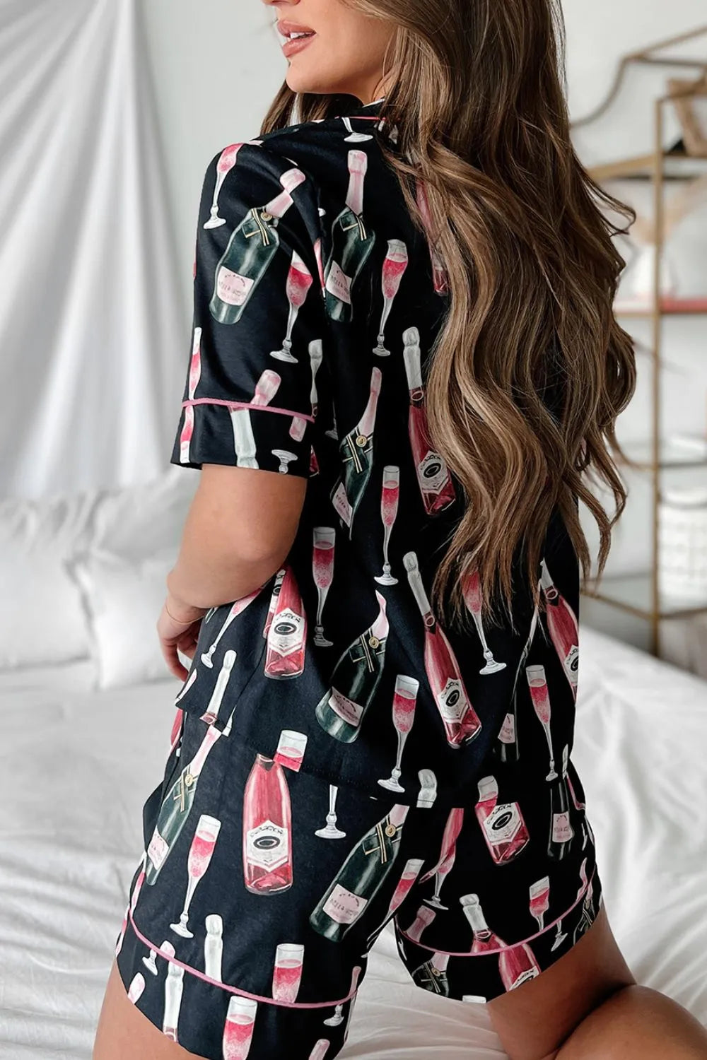 Champagne Print Short Sleeve Top and Shorts Set Lingerie & Nightwear