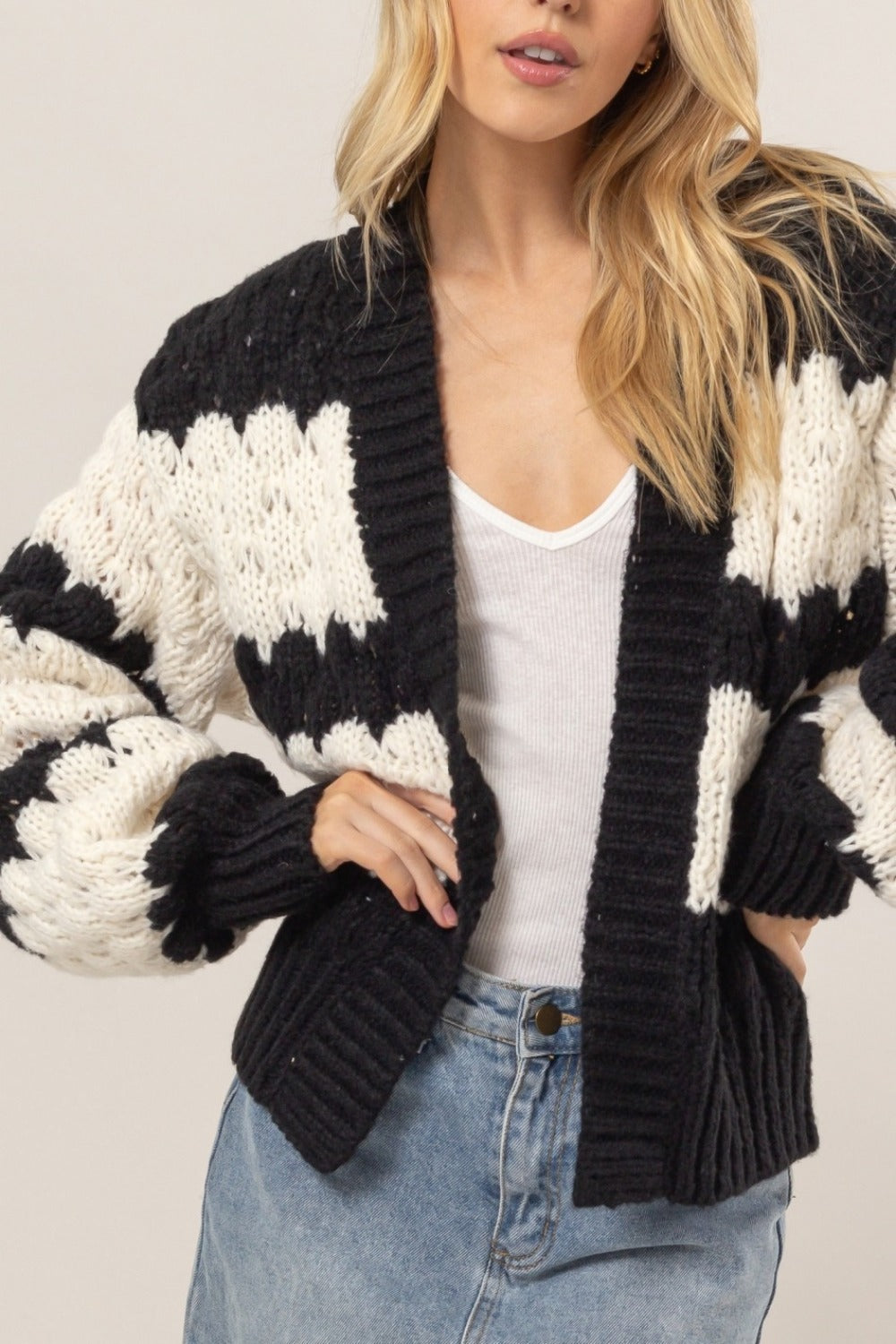 HYFVE Scallop Striped Open Front Long Sleeve Sweater Cardigan 