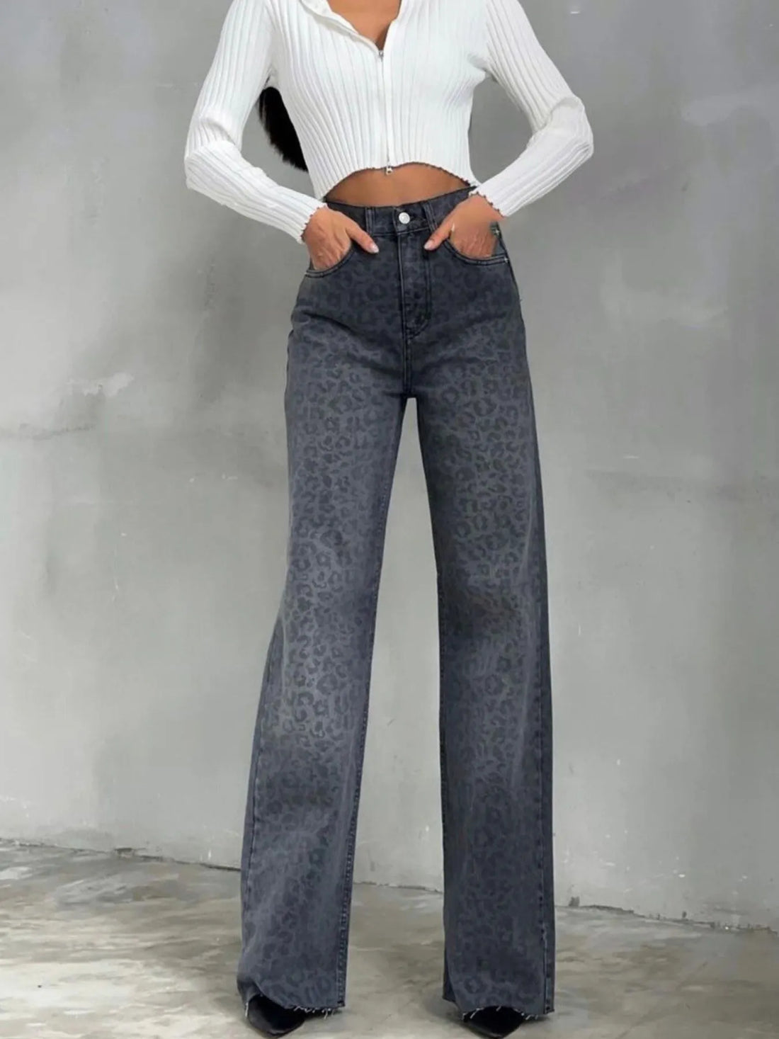 High-Waisted Leopard Print Flare Jeans 