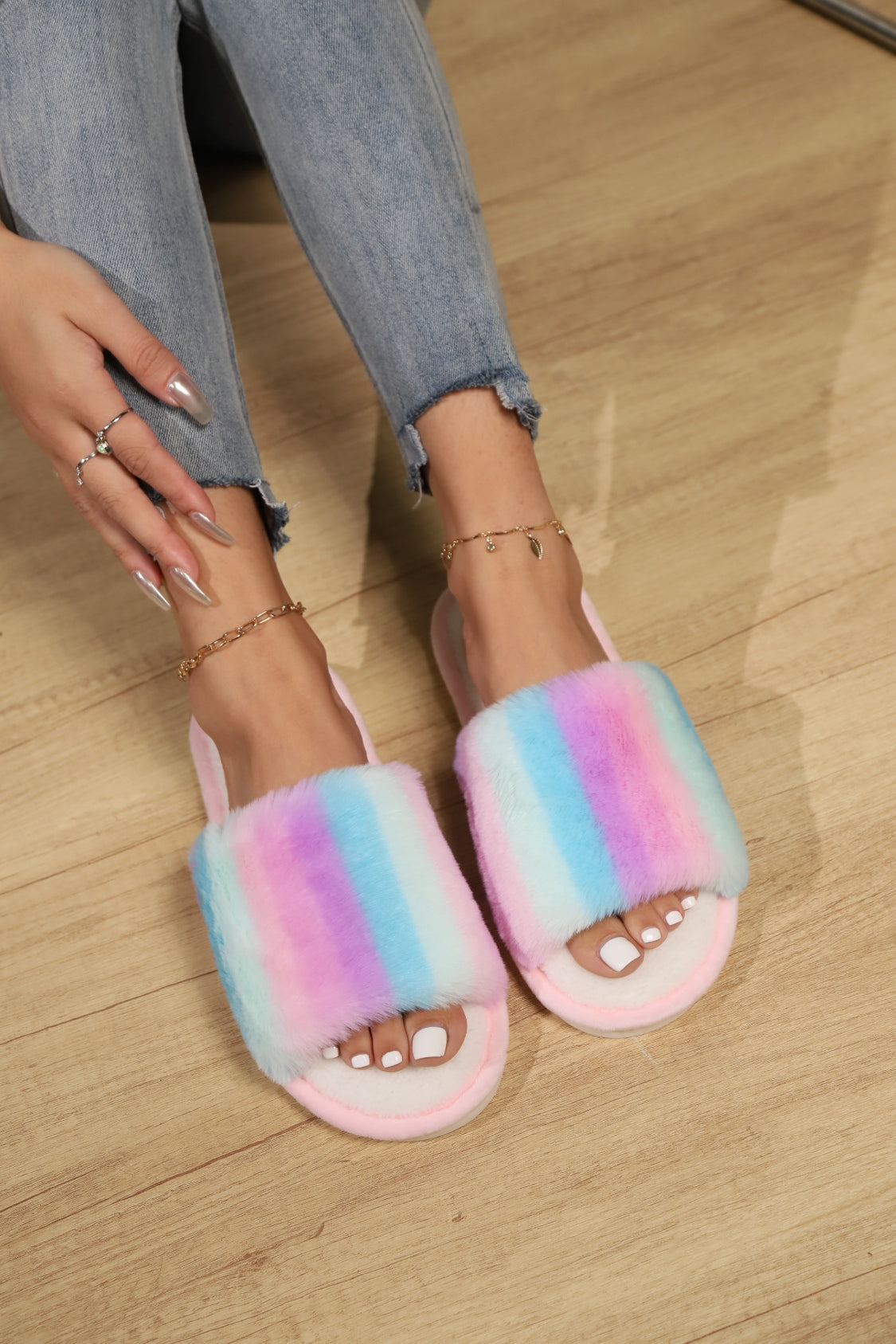 Color Block Open Toe Faux Fur PVC Slippers 