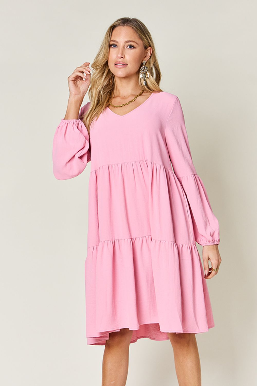 Double Take Full Size V-Neck Balloon Sleeve Tiered Dress with Pockets 