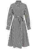 Tied Houndstooth Long Sleeve Midi Dress 