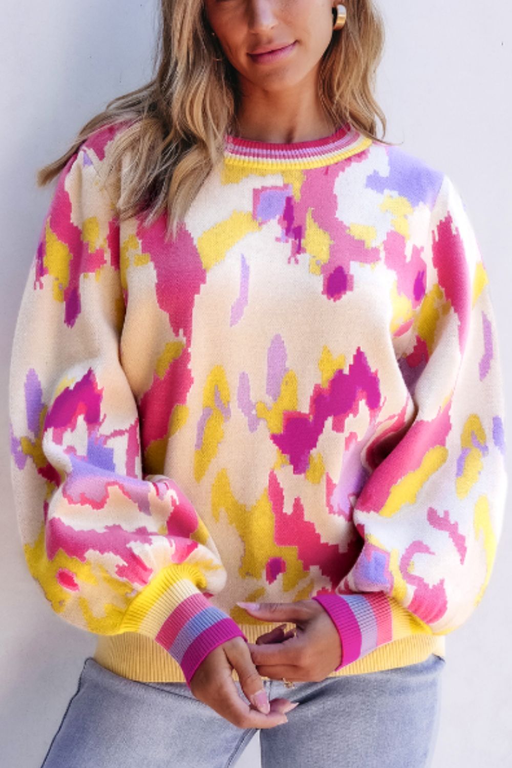 Contrast Round Neck Long Sleeve Sweater 
