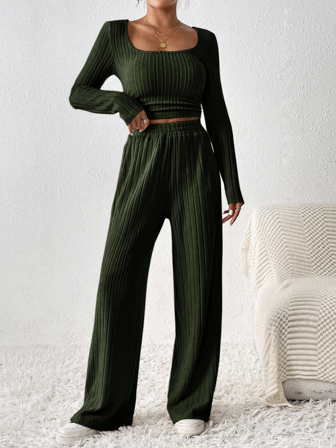 Honey Scoop Neck Long Sleeve Top and Pants Set 