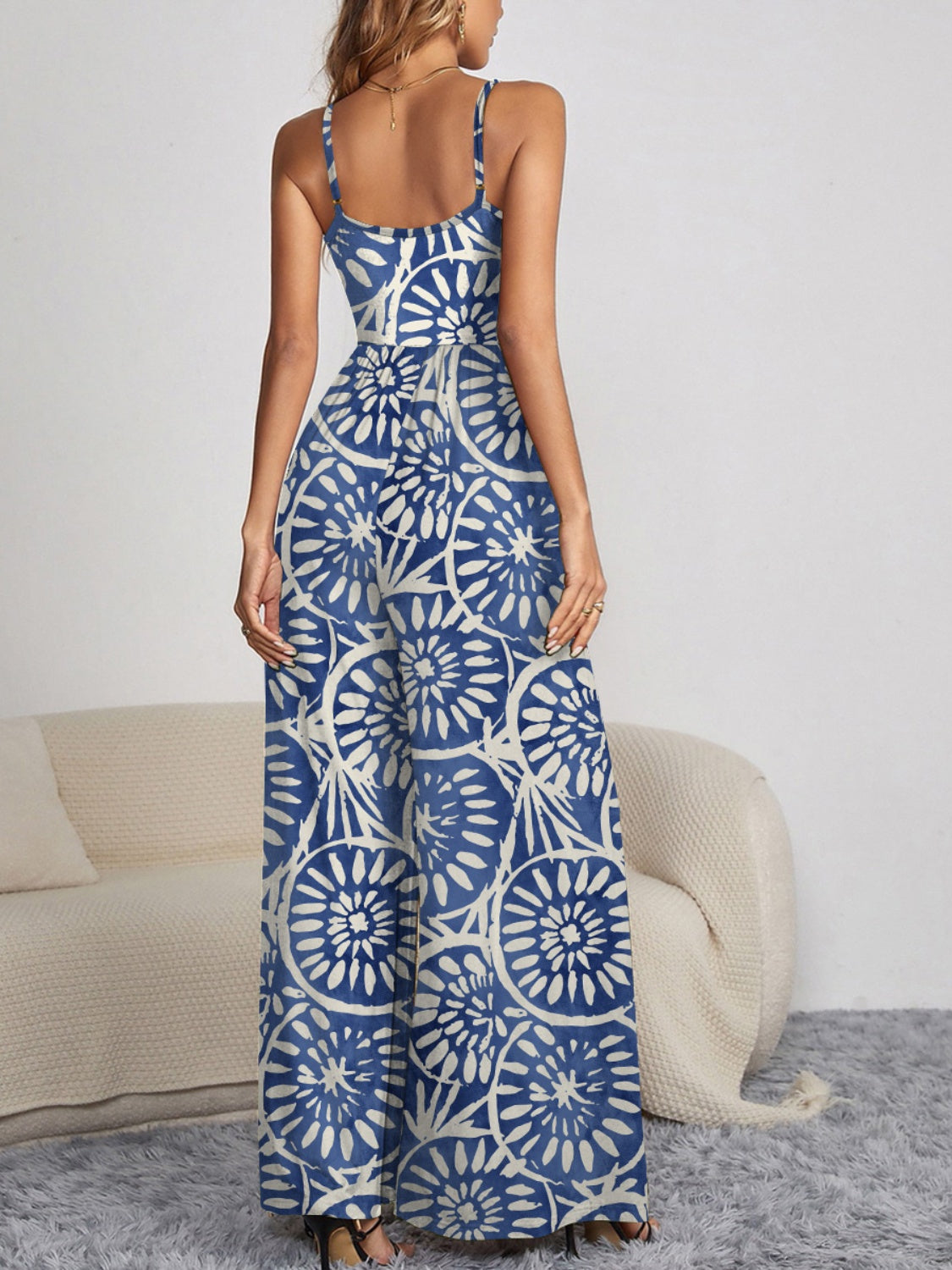 FAM-FAM Decorative Button Spaghetti Strap Wide Leg Jumpsuit 