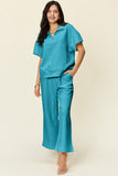 Double Take Full Size Texture Half Zip Short Sleeve Top and Pants Set 