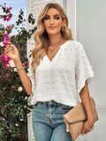 Swiss Dot Notched Neck Flare Sleeve Blouse 