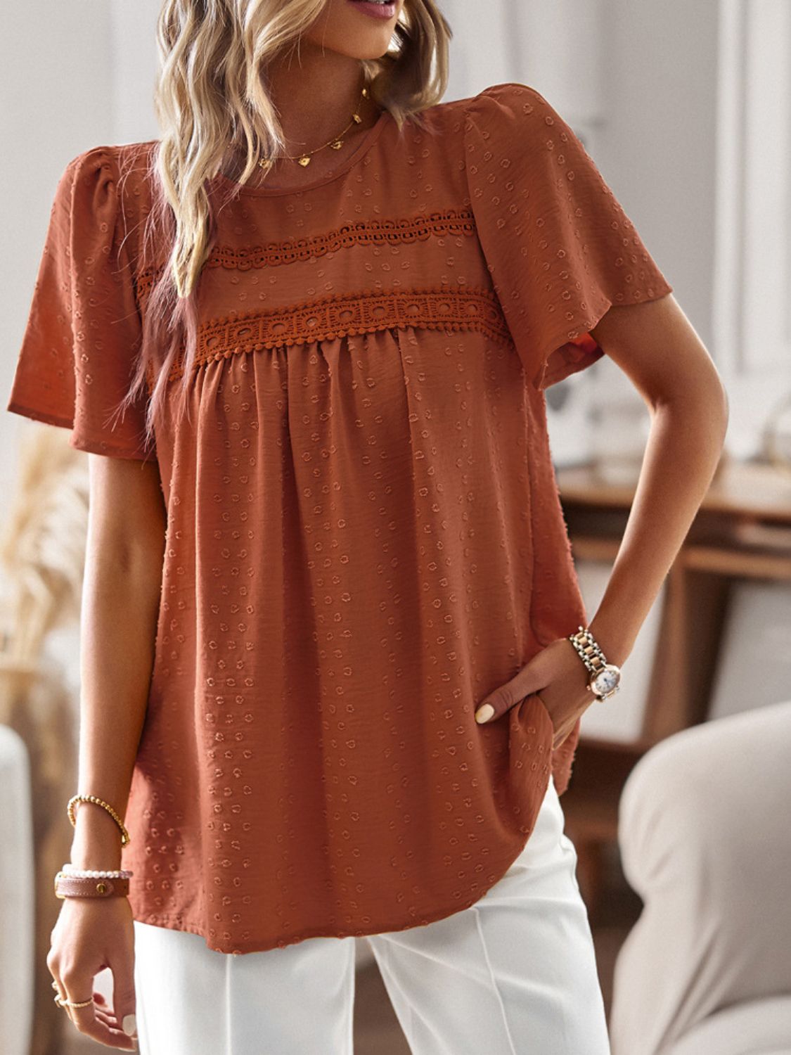 Devine Lace Detail Round Neck Short Sleeve Blouse 