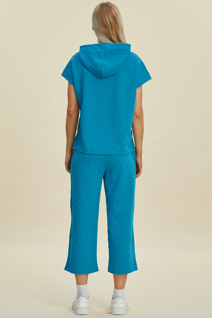 Double Take Full Size Texture Drawstring Short Sleeve Hoodie and Pocketed Pants Set 