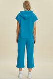 Double Take Full Size Texture Drawstring Short Sleeve Hoodie and Pocketed Pants Set 