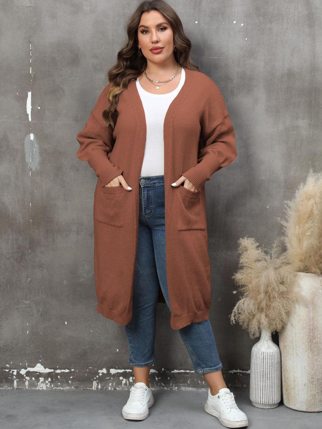 Plus Size Long Sleeve Pocketed Cardigan 