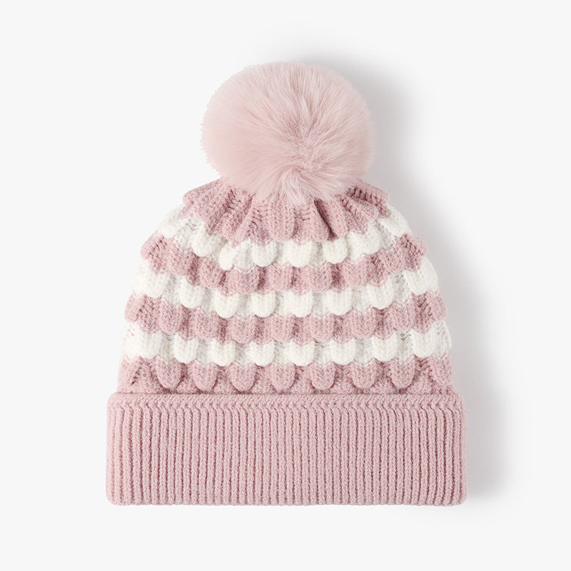 Striped Contrast Knit Hat with Pom-pom 