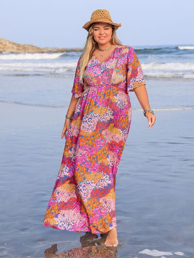 Plus Size Printed V-Neck Half Sleeve Maxi Dress Dresses
