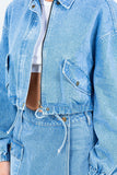 American Bazi Drawstring Waist Crop Denim Jacket 