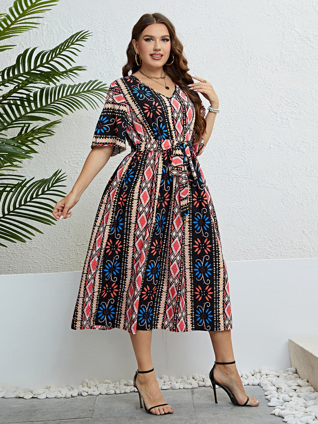 Honey Plus Size Bohemian V-Neck Tie Belt Midi Dress 