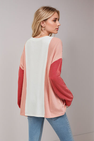 Double Take Texture Contrast Round Neck Long Sleeve T-Shirt 