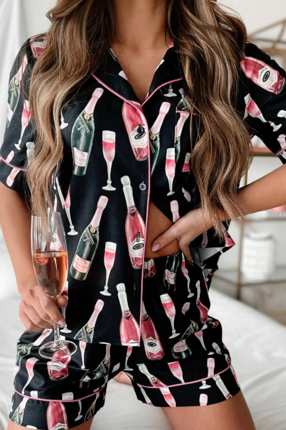 Champagne Print Short Sleeve Top and Shorts Set Lingerie & Nightwear