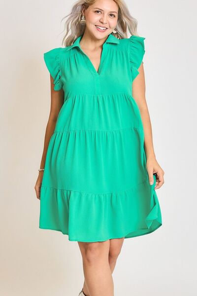 Umgee Full Size Johnny Collar Ruffle Cap Sleeve Tiered Dress Plus Size Dresses
