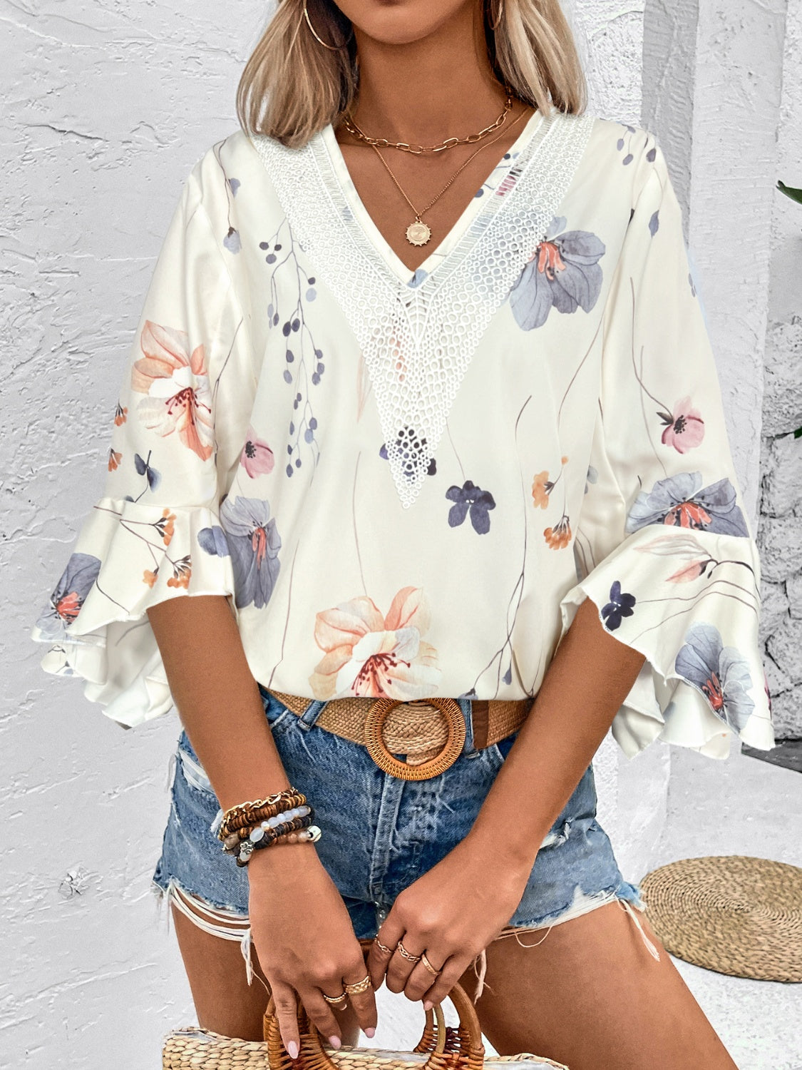 Honey Ruffled Printed V-Neck Half Sleeve Blouse 