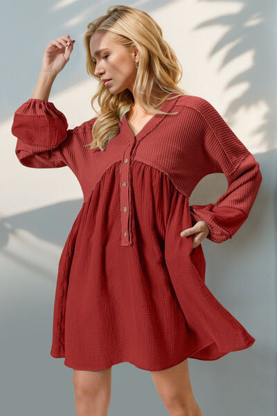 Double Take Waffle-Knit Contrast Half Button V-Neck Long Sleeve Mini Dress 