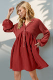 Double Take Waffle-Knit Contrast Half Button V-Neck Long Sleeve Mini Dress 