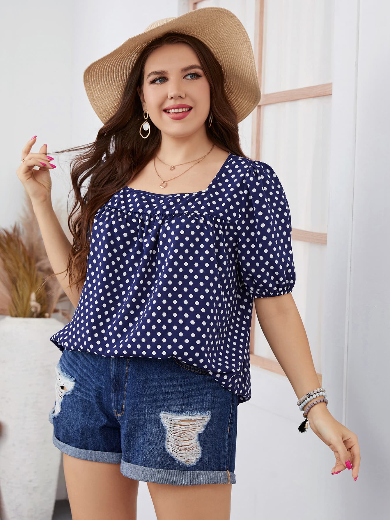 Honey Plus Size Polka Dot Square Neck Blouse 