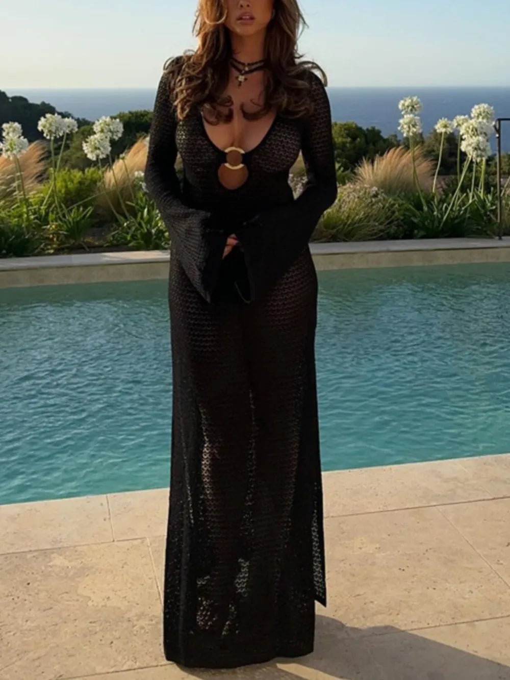 Slit Plunge Flare Sleeve Cover-Up Dress 