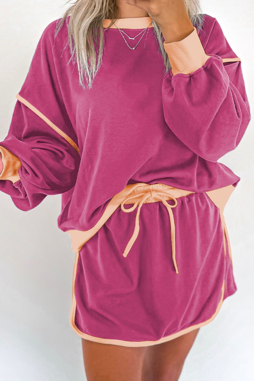 Contrast Trim Round Neck Top and Skort Set 