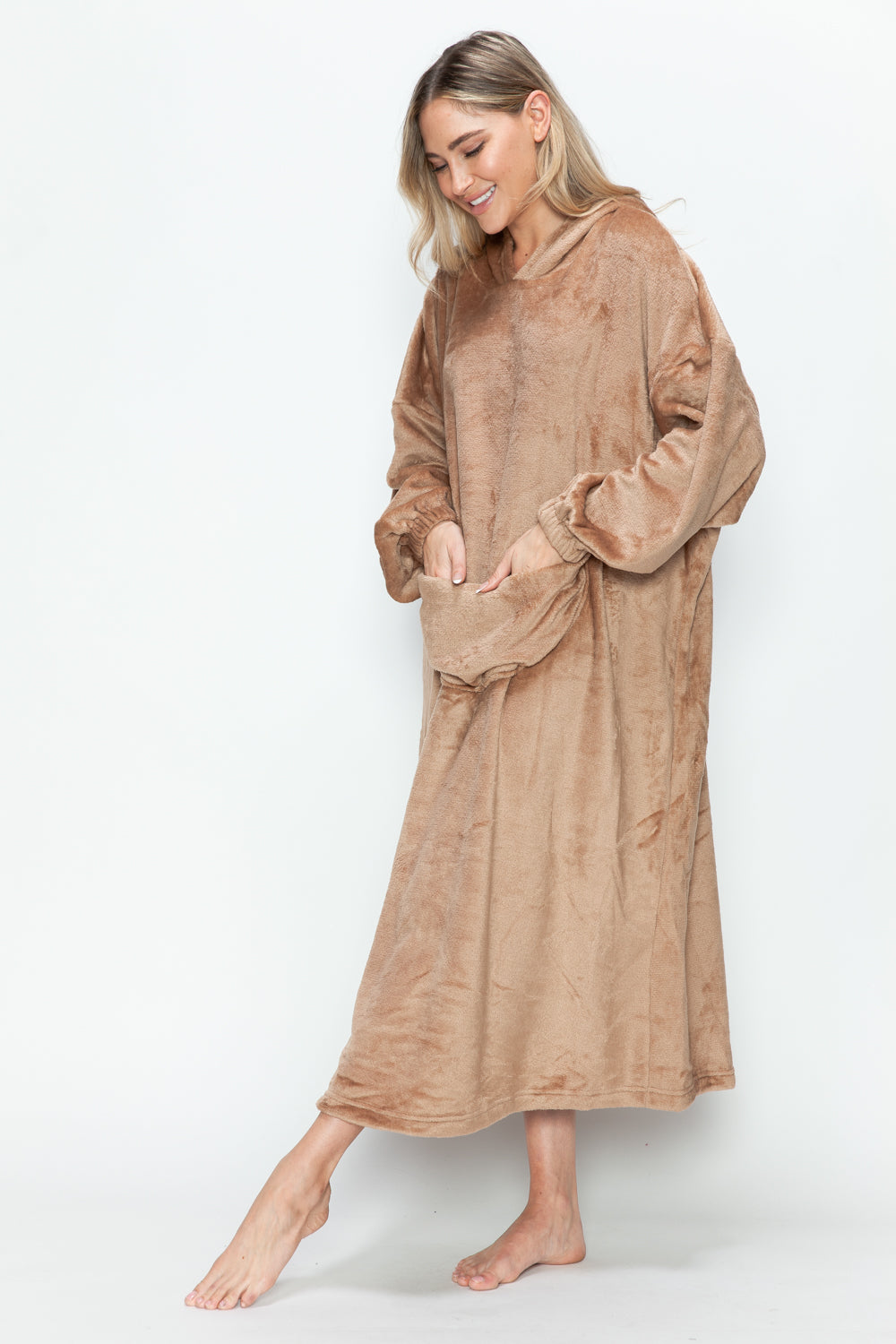 Double Take Full Size Pocketed Hooded Midi Lounge Dress 