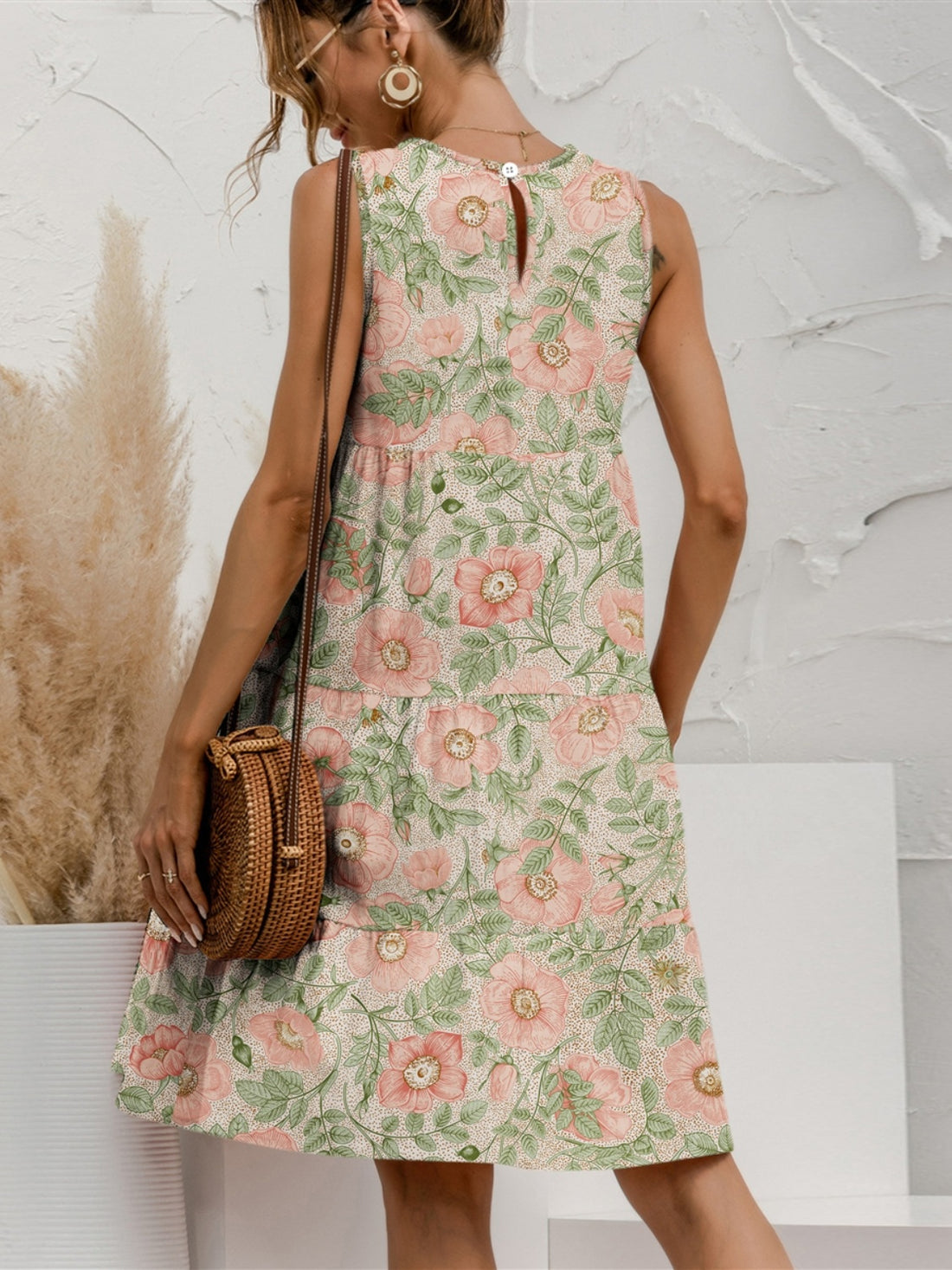 FAM-FAM Tiered Printed Round Neck Sleeveless Dress 